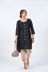 Black Buttoned Plain Slub Kurta