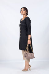 Black Buttoned Plain Slub Kurta
