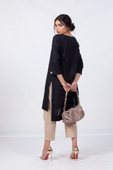Black Buttoned Plain Slub Kurta