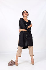 Black Buttoned Plain Slub Kurta