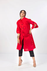 Royal Red Long Sober Kurta with Buttons