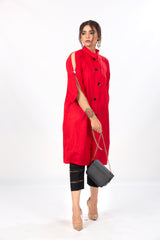 Royal Red Long Sober Kurta with Buttons