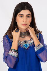 Blue Crinkle Chiffon Fabric Frock in Egyptian Theme