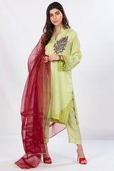 Bright Green Raw Silk Dress with Organza Dupatta