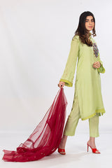 Bright Green Raw Silk Dress with Organza Dupatta