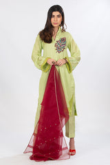 Bright Green Raw Silk Dress with Organza Dupatta