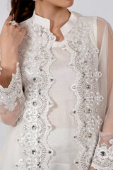 White Embellished Gown Suit With Jamawar Trouser