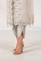 White Embellished Gown Suit With Jamawar Trouser