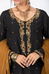 Black Kattan Silk Suit with Organza Dupatta