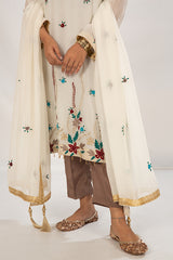Off White Georgette Chiffon Hand Embroidered Dress