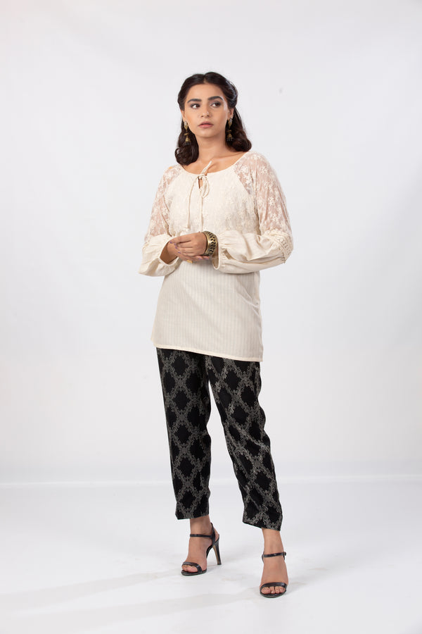 Skin Short Kurti with Lace & Net