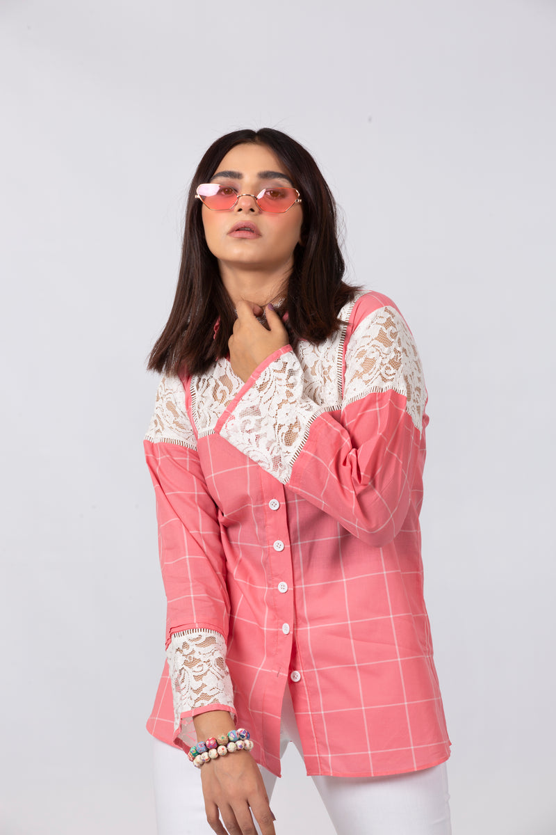 Pink Collared Top with White Net