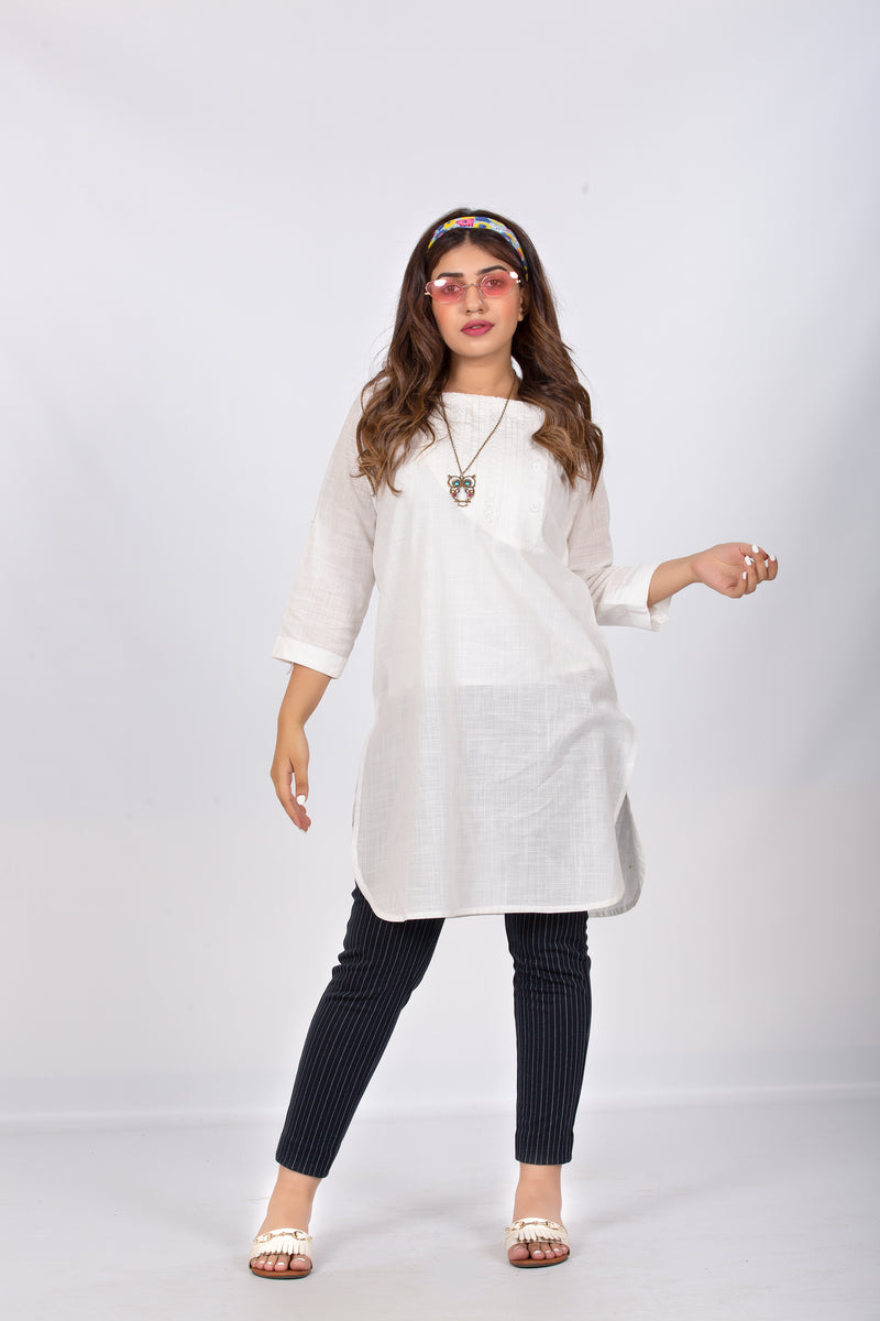 White Slub Kurti with Lace & Pleats