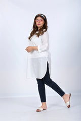 White Slub Kurti with Lace & Pleats