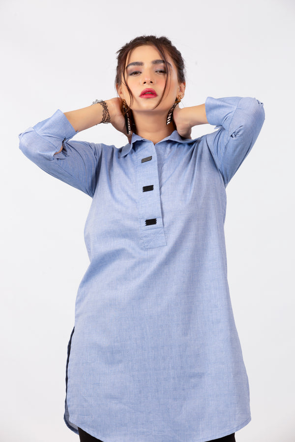 Light Blue Kurti with Embellished Buttons