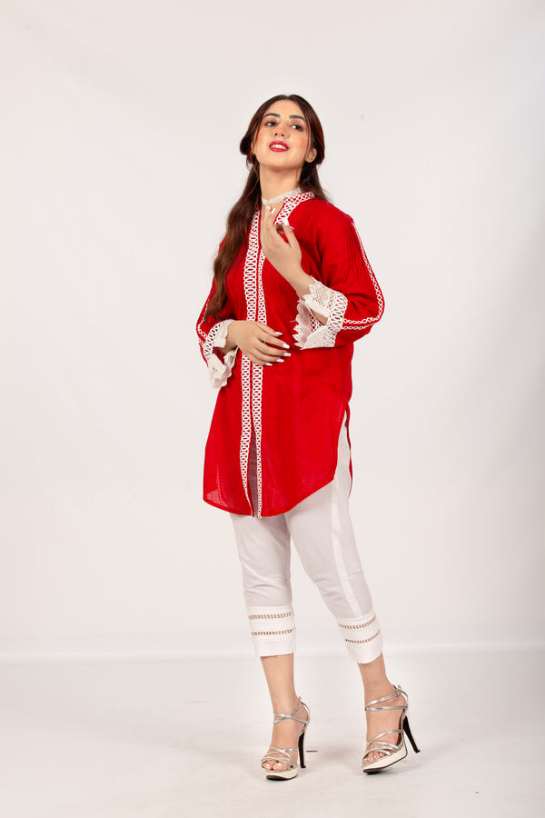 Royal Red Kurti with White Laceworks