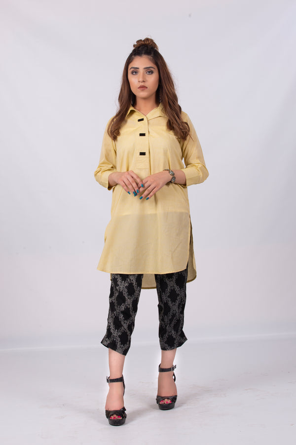 Light Yellow Kurti with Embellished Buttons