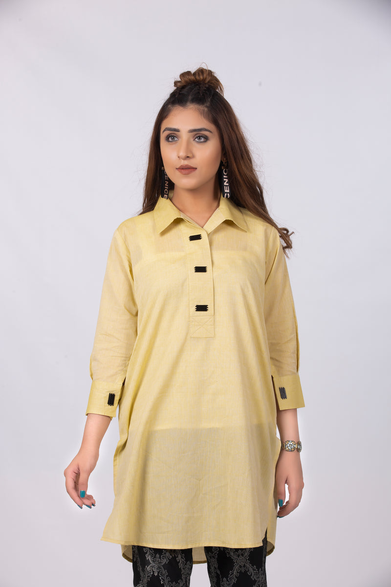 Light Yellow Kurti with Embellished Buttons