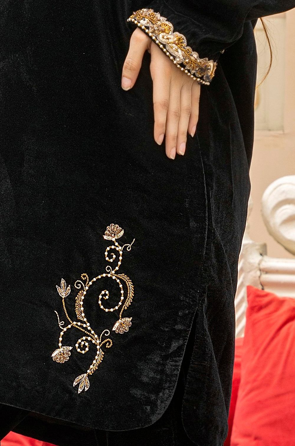 Black Velvet Bell Dress Design – Khola Farhan