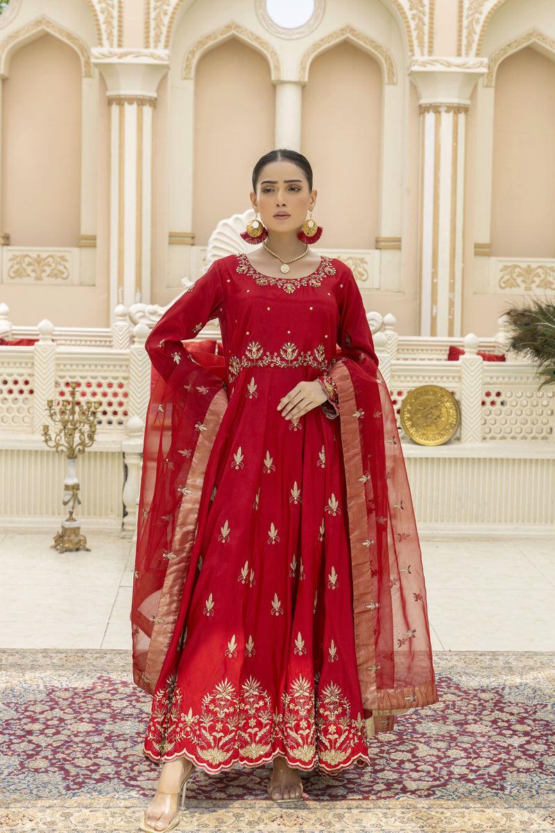 Elegant Red Long Frock With Pure Organza Dupatta