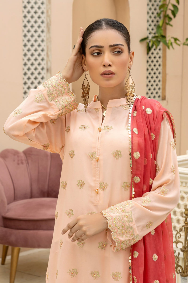 Peach Embroided Suit With Chiffon Dupatta