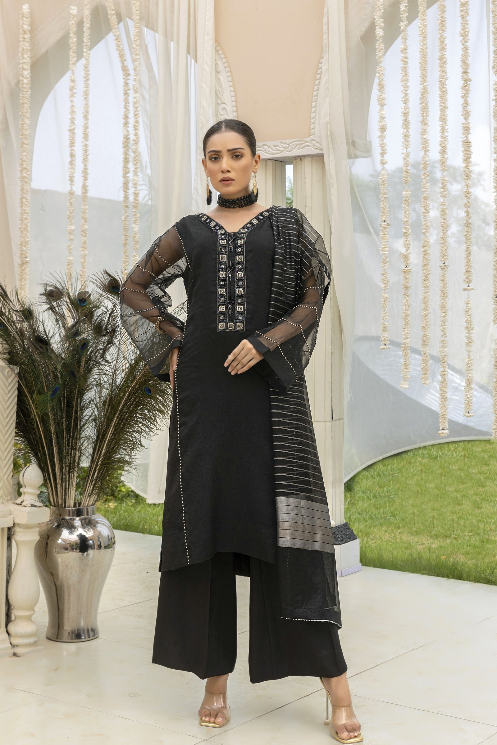 black organza dress pakistani Velvra Formal Organza Dress Set with Hand Embroidery & Pouch