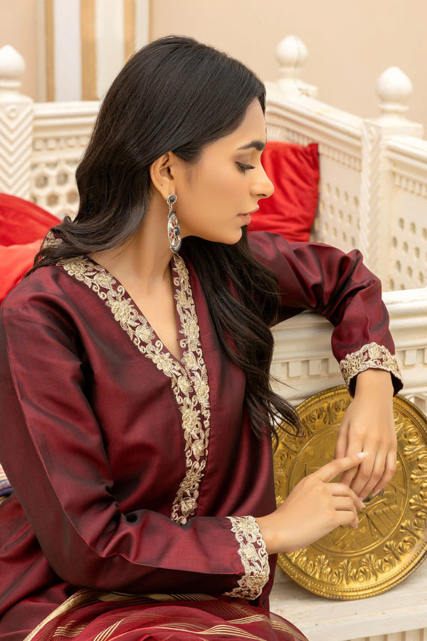 Maroon Two Tone Silk Fabric Suit