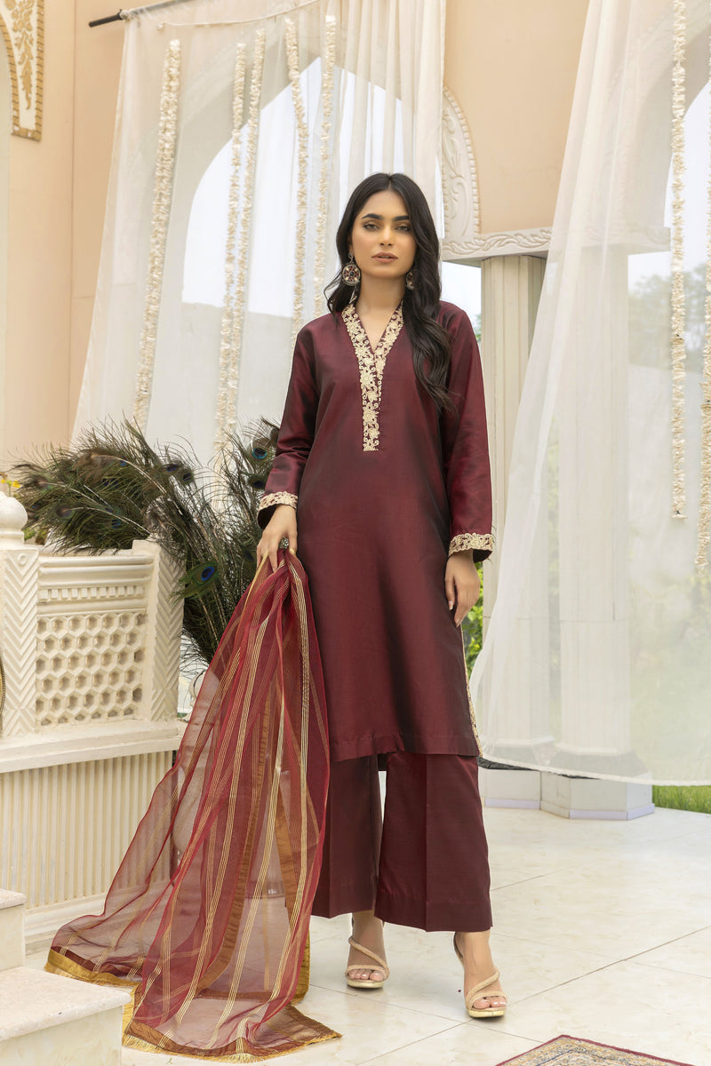 Maroon Two Tone Silk Suit