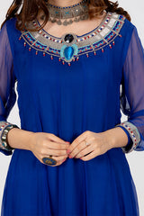 Blue Crinkle Chiffon Fabric Frock in Egyptian Theme