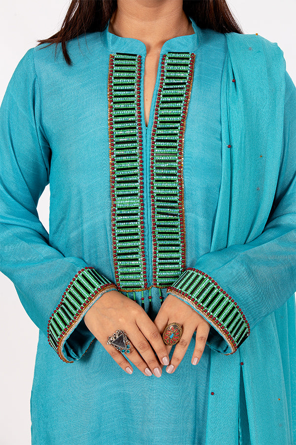 Turquoise Full Suit with Embellishments