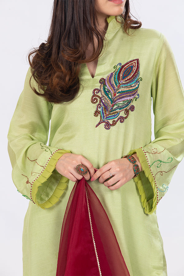 Bright Green Raw Silk Dress with Organza Dupatta