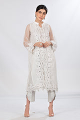 White Embellished Gown Suit With Jamawar Trouser