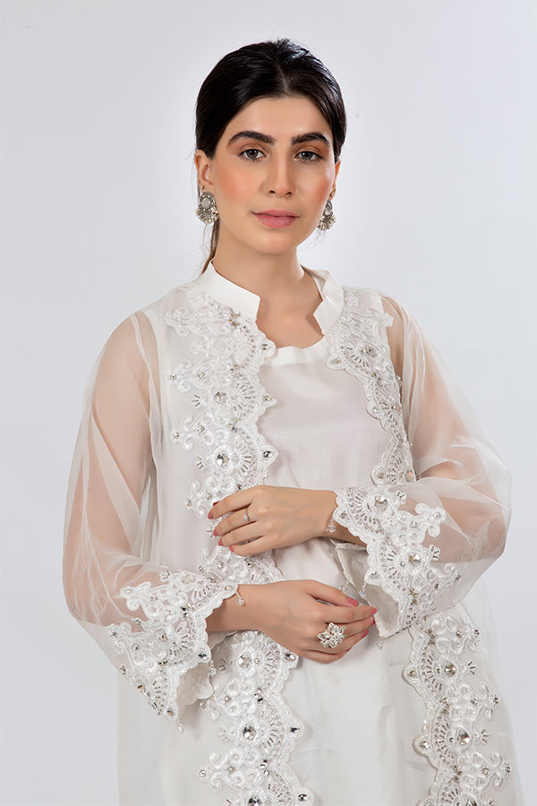 White Embellished Gown Suit With Jamawar Trouser Khola Farhan White Embellished Gown Suit With Jamawar Trouser Khola Farhan