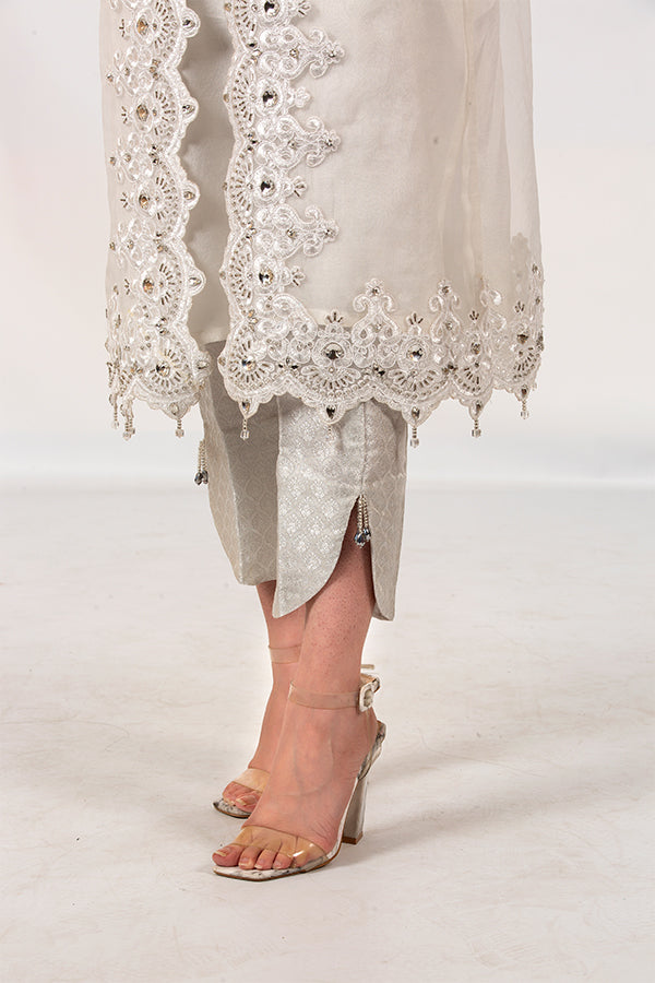 White Embellished Gown Suit With Jamawar Trouser Khola Farhan White Embellished Gown Suit With Jamawar Trouser Khola Farhan