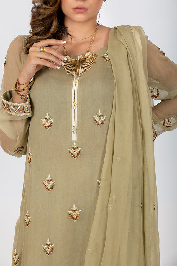 Olive Green Suit with Chiffon Dupatta