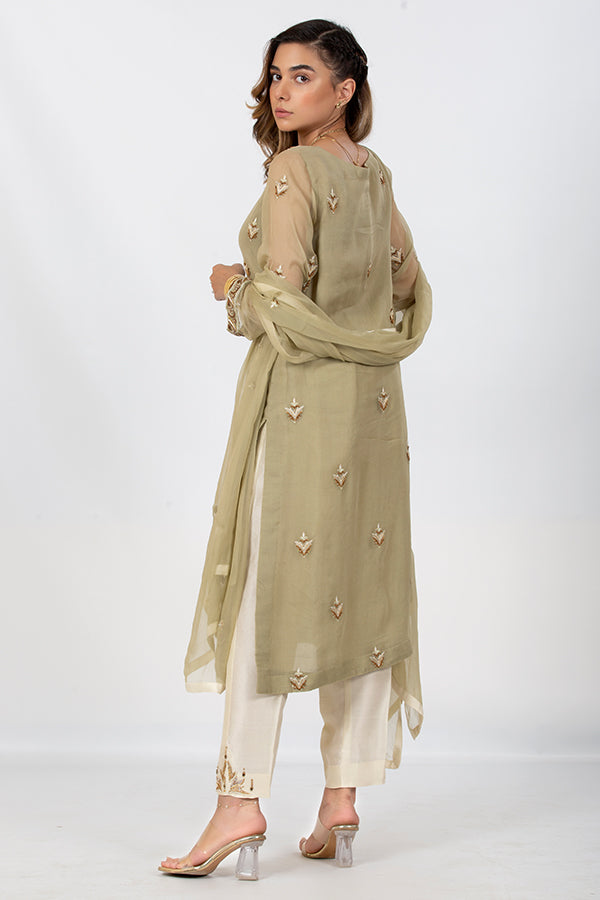 Olive Green Suit with Chiffon Dupatta